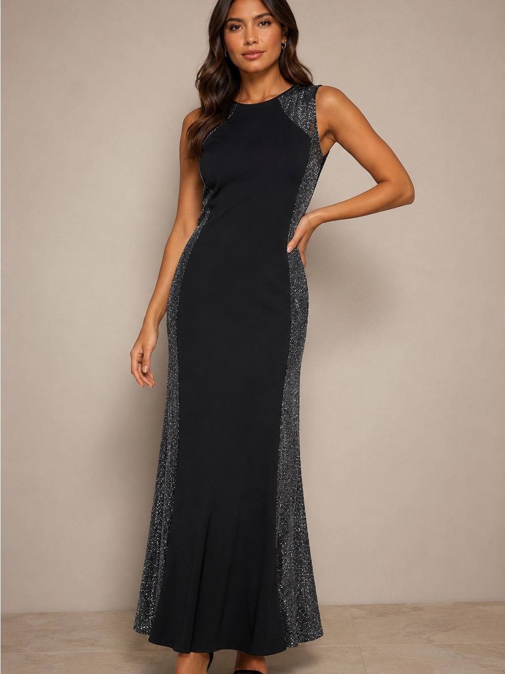 NWT Marina Long Side Panel ITY Combo Dress” in Black/Silver